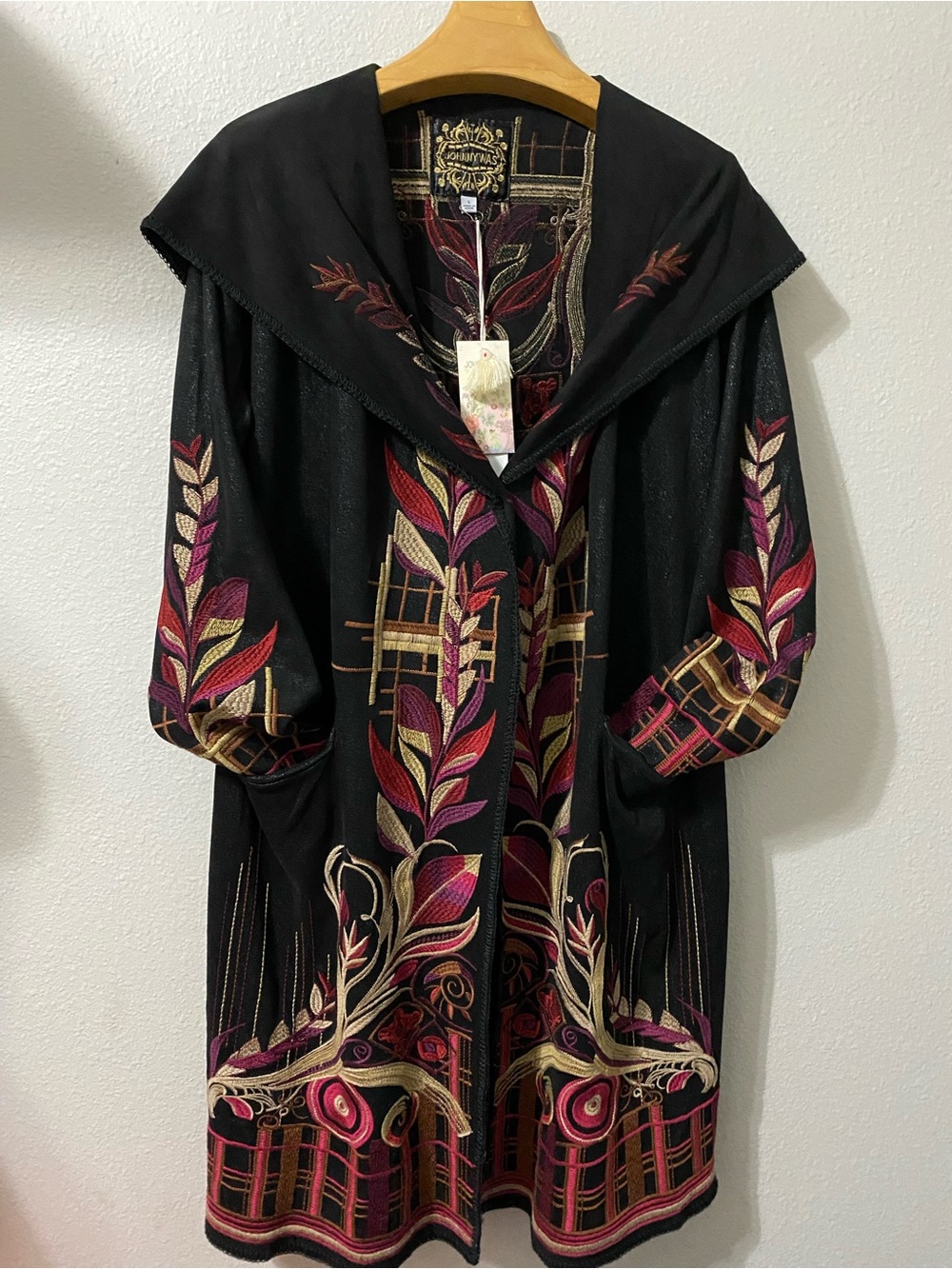 Johnny Was Embroidered Black Jacket with Red, Plum, Pink, Tan and Brown Accents